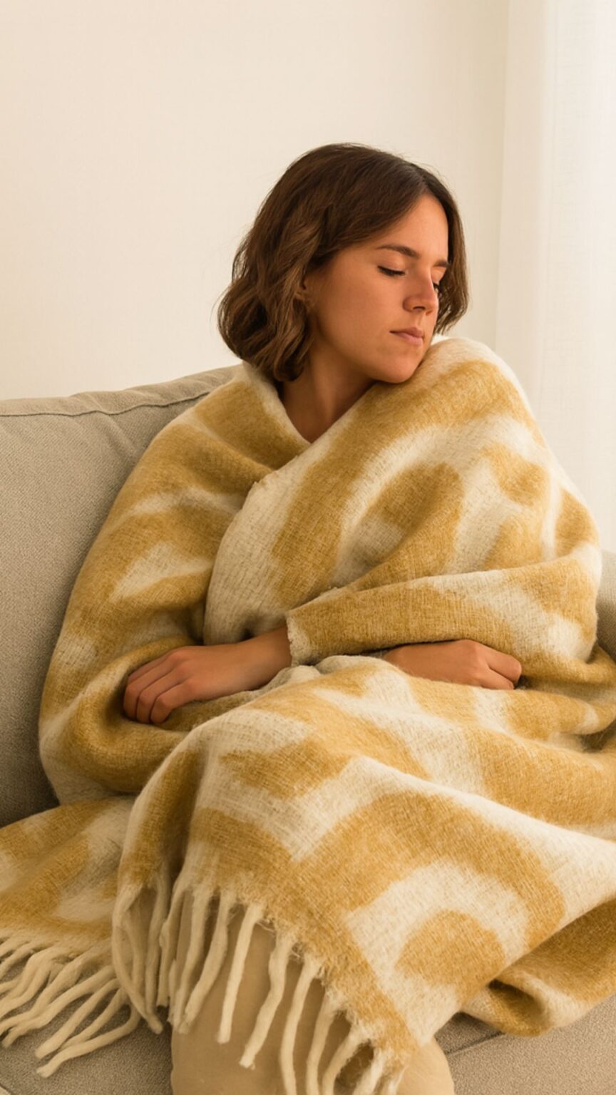 Mujer envuelta en un plaid estampado mostaza y beige