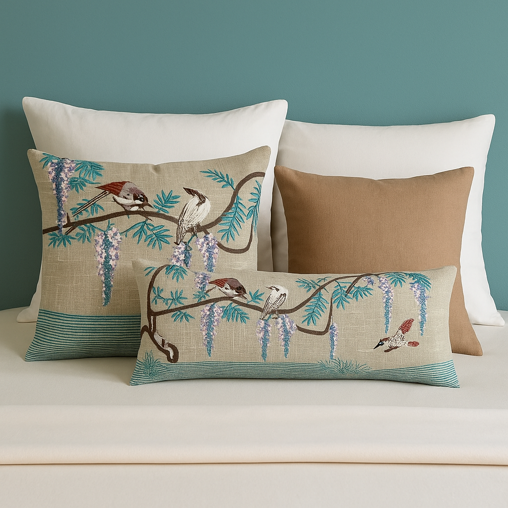 Cojines con bordado de pájaros