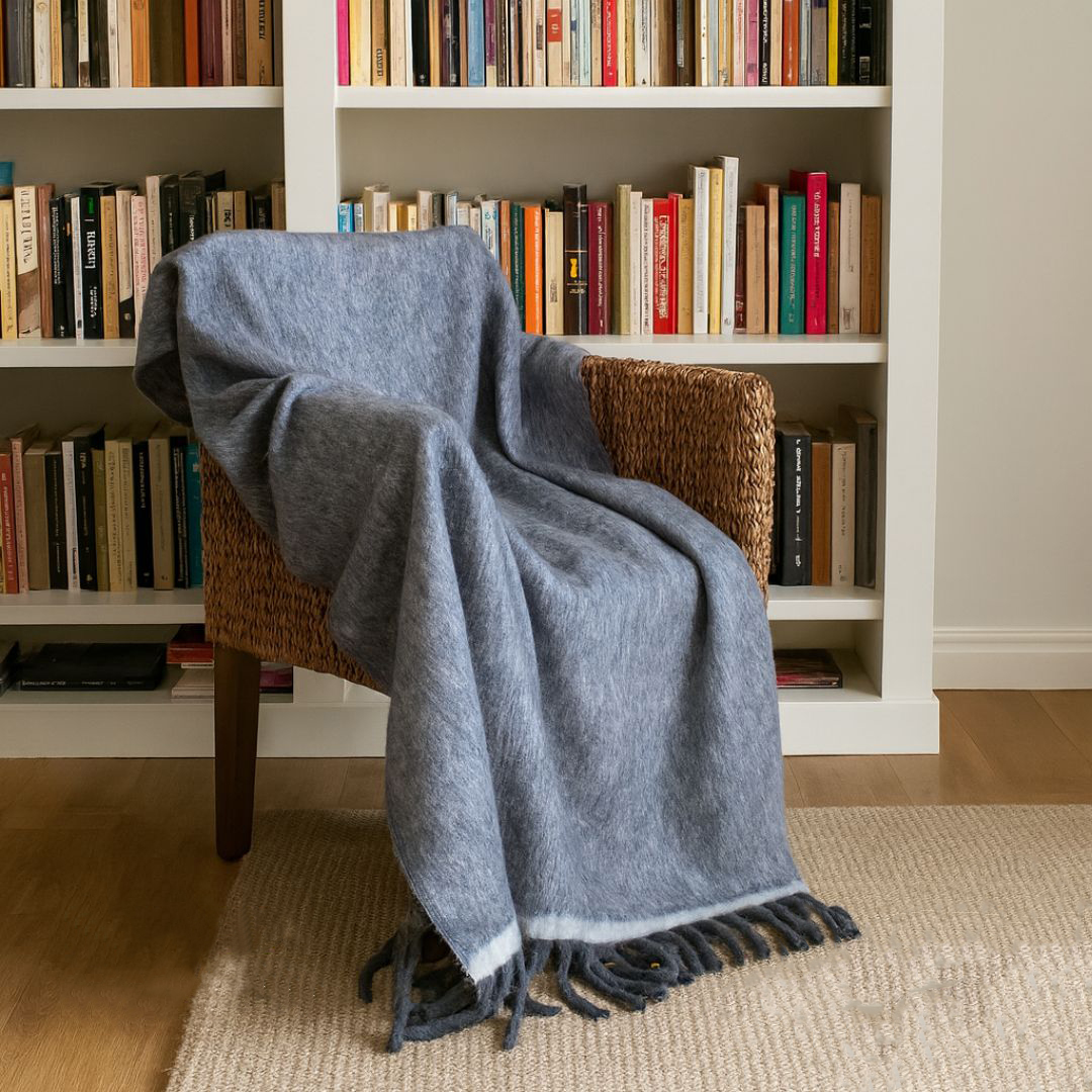 Plaid azul marino con flecos sobre una silla de ratán