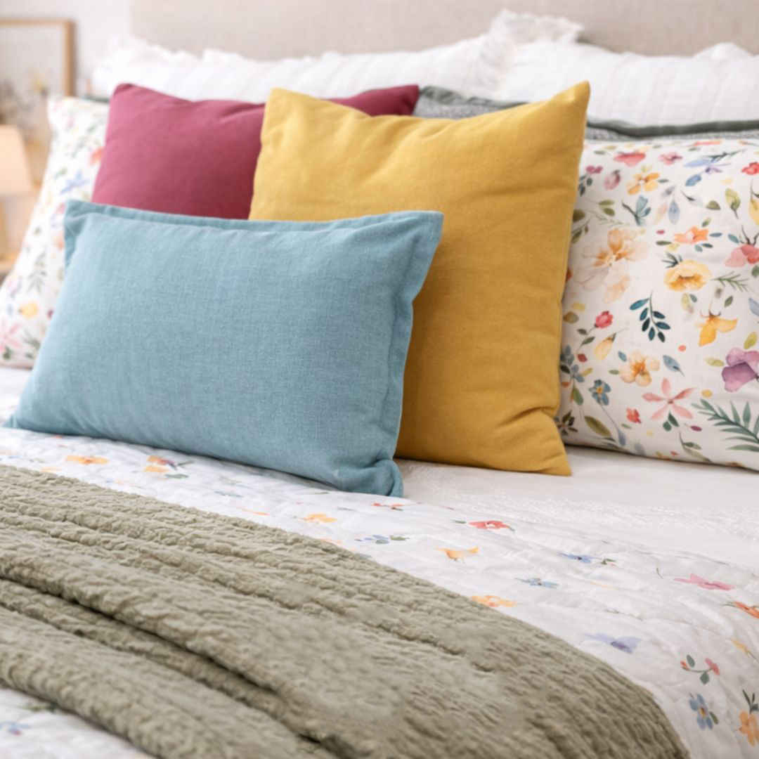 Colcha con cojines coloridos