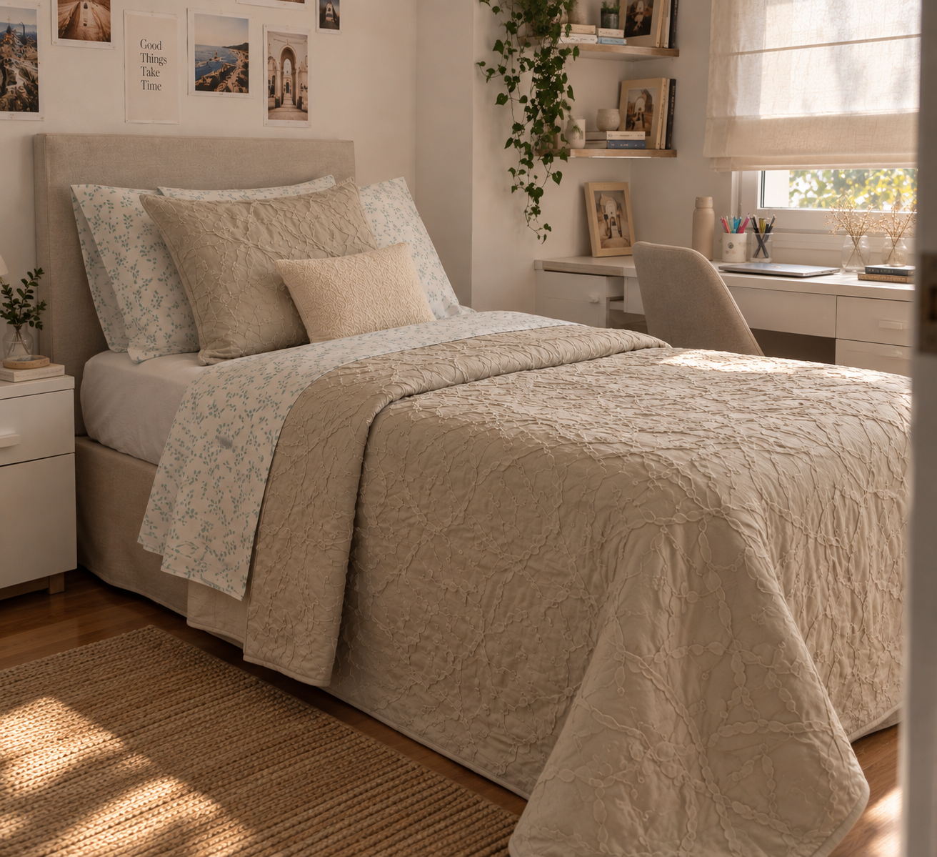 Dormitorio decoración neutra con colcha en tono arena