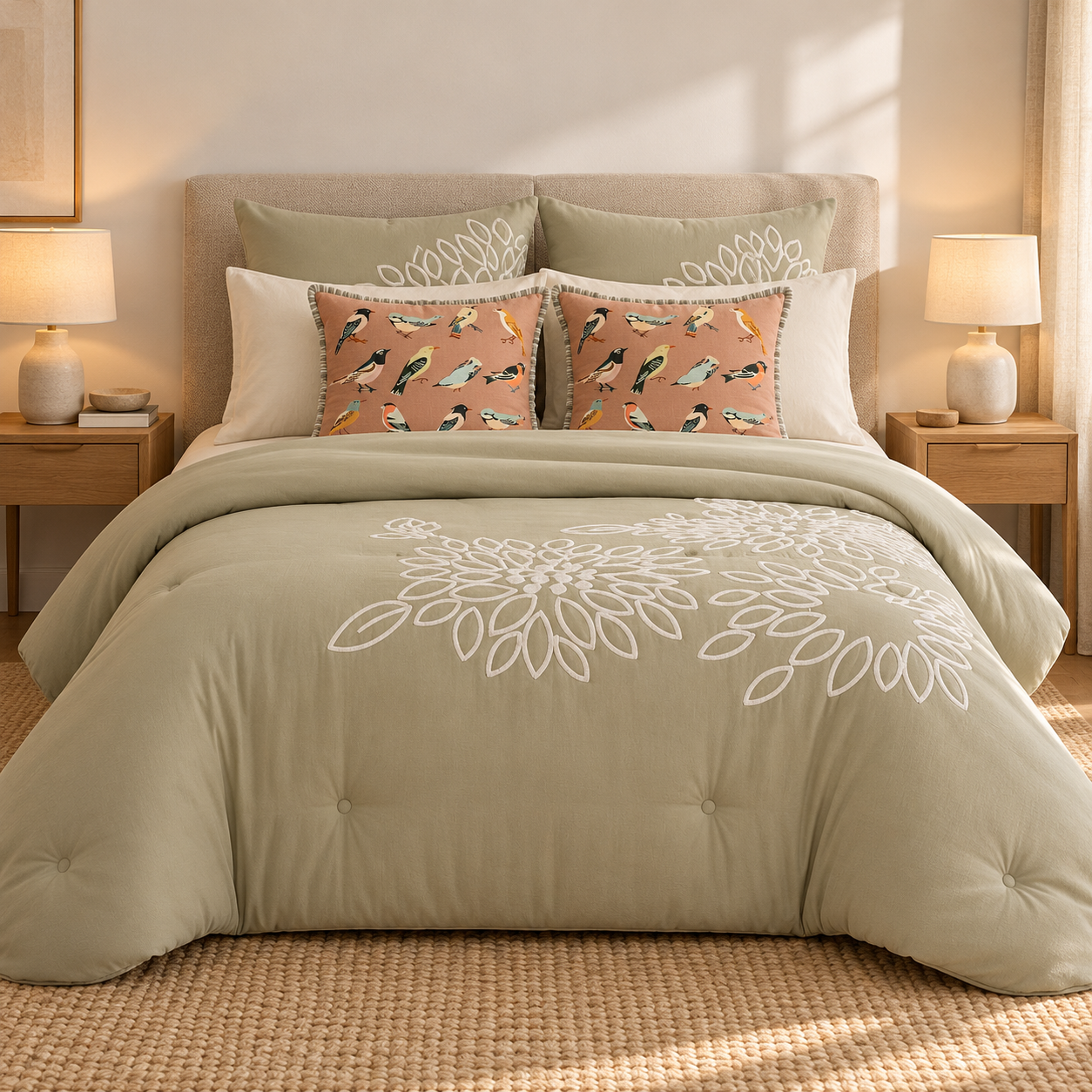 Dormitorio acogedor con colcha verde salvia y cojines decorativos con pájaros