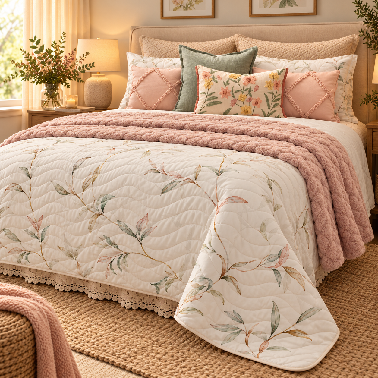 Dormitorio con colcha blanca con motivos florarles, suave plaid en tono rosa y cojines decorativos en tonos rosas y verde salvia